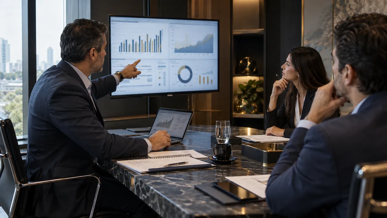 Reunião de diretoria analisando indicadores financeiros